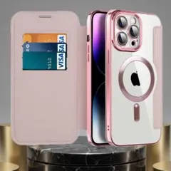 iPhone15 ケース 手帳型 ピンク MagSafe対応 カード収納