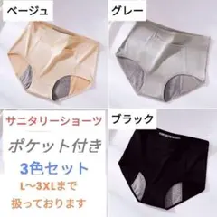 XLサイズ　3枚セット　サニタリーショーツ　生理用ショーツ　ポケット付き
