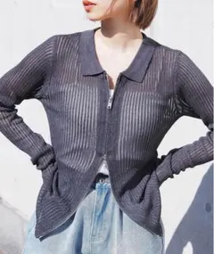 ラメシアー衿付きダブルジップカーディガン