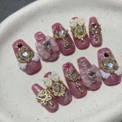 【現品・サイズ変更可能】ゆめかわネイルチップ　魔法少女　平成女児　ピンク　ハート