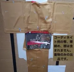 【仕付け糸付新品】単衣 付下げ 身丈164 裄65 辛子色 紙人形 トールサイズのサムネイル
