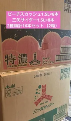 三ツ矢サイダー1.5L×8本と特濃ピーチスカッシュ1.5L×8本の計16本セットのサムネイル