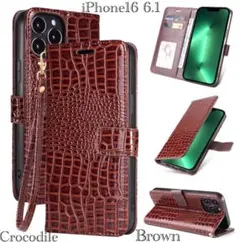 iPhone16 6.1 手帳型ケース　レザー 革　クロコダイル型押し