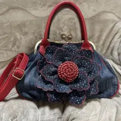 週末価格 美品使用デニム 花モチーフ がま口 ショルダーバッグ 2WAY 薔薇
