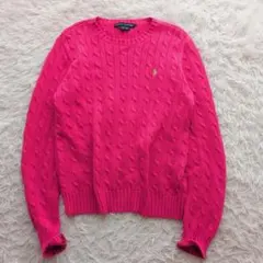 美品 ラルフローレン クルーネック ケーブルニット 刺繍ポニー L ピンク