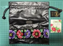 FEILER ブラックレザー 花柄刺繍ポーチ