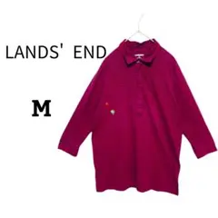 LANDS' END 長袖ポロシャツ【M】赤×濃紺かわいい刺繍入 薄手 ボーダー
