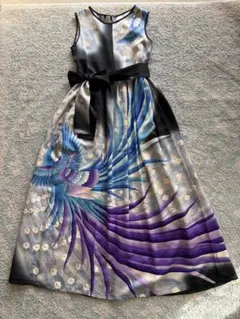 着物リメイクドレス　華やか　ブルー　パープル　孔雀　フリーサイズ