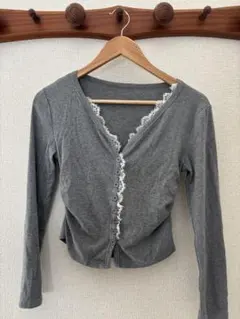 グレー レース付きボタン前 長袖カーディガン SPRAYPREMIUM 古着