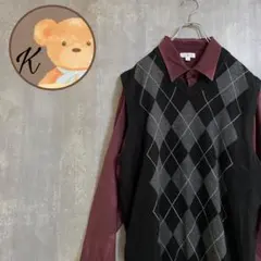 【雰囲気◎】メンズ　シャツ　ベスト　セット　長袖　アーガイル　ブラウン　ブラック