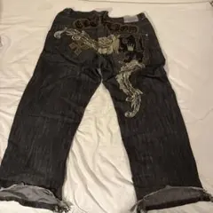 刺繍　デニム　ワイド　レッグパンツ