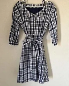 チェック柄ウエストリボン付きワンピース