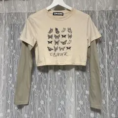 CRANK バタフライプリント クロップドTシャツ 長袖 ベージュのサムネイル