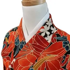 K136 袷 お召し物 着物 小紋 化繊 洗える 花 赤 オレンジ