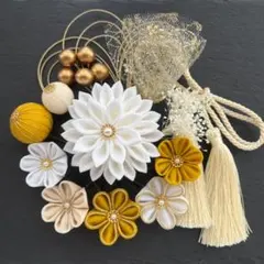 No.47　つまみ細工　髪飾り　白　黄色　山吹色　ベージュ