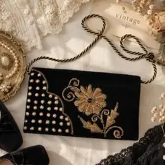 ヴィンテージ　インド製　ハンドメイド　ザリ刺繍　ショルダーバッグ　ベロア
