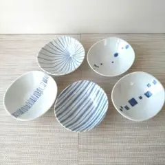 【5枚】新品 日本製 美濃焼 清秀 染付 楕円小付 セット 和モダン