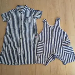 姉弟ストライプ柄 シャツワンピースとロンパースセット