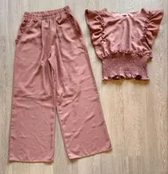 ピンク フリル袖 シャーリングセットアップ