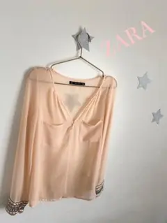 【ZARA】袖ビジュー　シースルー　ブラウス　トップス　ピンク