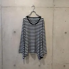 Vネック スタッツ ボーダーロンt 長袖Tシャツ 古着 y2k グランジ