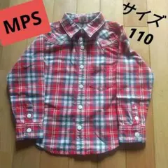 キッズ110㎝　長袖チェックシャツ　 赤チェック　青・白ライン　胸ポケット　白釦