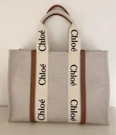 ち*ぬ様 ※お値下げ不可　Chloé Woody ラージトートバッグ ベージュ リネン製Woodyラージトートバッグ 茶色 - Chloé
