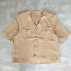 80s Vintage 夏 半袖ノーカラージャケット 千鳥格子 日本製昭和レトロのサムネイル