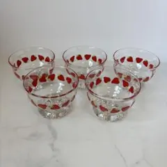レトロ　イチゴ柄　ガラスデザートカップ　5点セット　赤　グラス　デザート椀