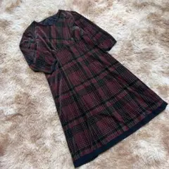 ワンピース（M）チェック ロングワンピース ボルドー Aライン クラシカル