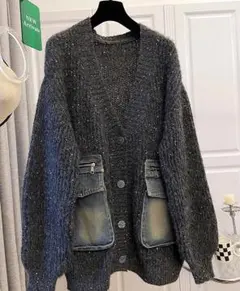 オシャレデザイン ロングカーディガン ニット セーター アウター 切り替