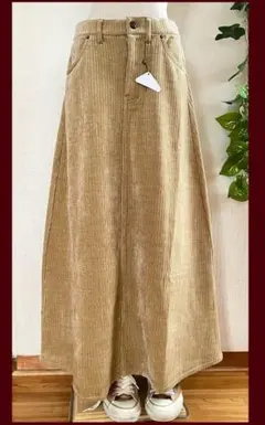 新品 暖かいストレッチコーデュロイロングスカート Aラインスカート/ベージュM