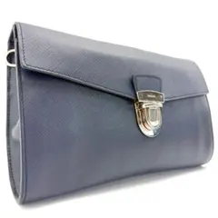 PRADA　セカンドバック　ロック式　サフィアーノレザー　三角プレート　ネイビー