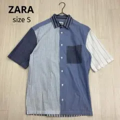 ★ ZARA ザラ メンズ ストライプ 切替 半袖 シャツ プルオーバー S