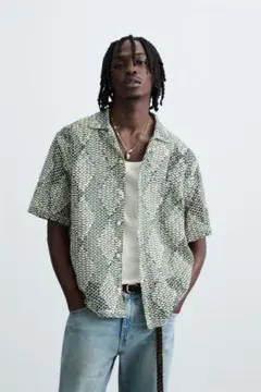 新品タグ付き】ZARA ザラ クロシェ パッチ シャツ ネイビーブルー XL 