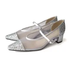 美品クリア・シルバー グリッター低ヒールパンプス LLサイズ 24cm 結婚式