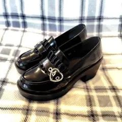 ローファー 黒 24cm 厚底 ハートビジュー 地雷系 量産型 エナメル