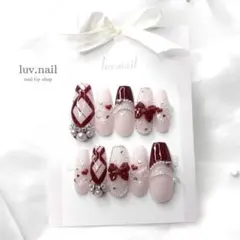 バレンタインネイル チェック柄 埋めつくし リボン フレンチガーリー オタク