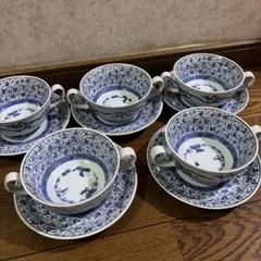 龍峯窯　スープカップ　ソーサー　スープ皿　唐草染付 5客のサムネイル
