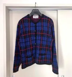 ヴィンテージ チェック ニット カーディガン / ブルー 青 赤 黒 古着