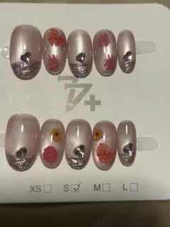 ピンク系花柄ネイルチップ S ショートオーバル