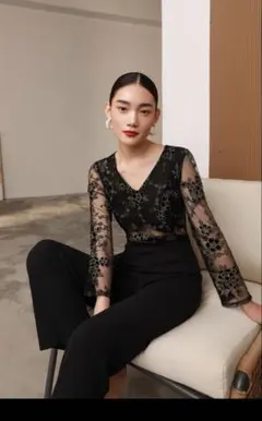 パンツドレス Vネック 花柄レース パーティー