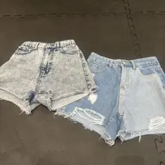 デニムショートパンツ ハイウエスト ダメージ加工