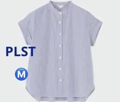 PLST プラステ バンドカラー　パールボタンシャツ　ストライプ　ブルー　Ｍのサムネイル