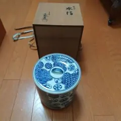 香合 清水晃樹作 加州工芸 神代杉 清流魚絵 扇面 香合 共箱 栞付