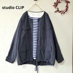 studio CLIP　 麻混 ノーカラー ナチュラルライトジャケット M 紺のサムネイル