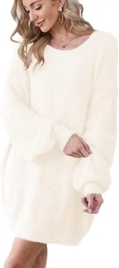 ニットワンピース 秋冬 レディース クルーネック ホワイトロング丈