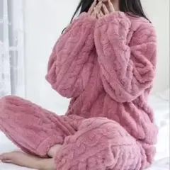 ピンクフリース ルームウェア ケーブル編み パジャマ 部屋着 セットアップ 上下