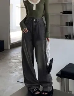 SHEIN デニム 黒 ダメージ