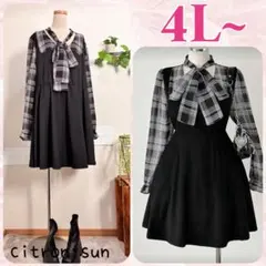 新品✿4L”チェック タイリボン ワンピース 大きいサイズレディース 黒